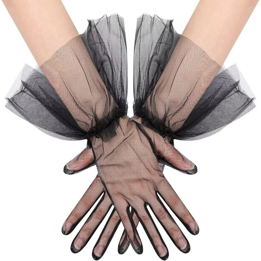 Women's Puffy Ruffle Black Tulle Sheer Mesh Party Prom One Size Short Gloves
